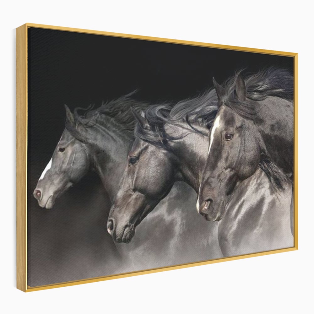Tablou canvas cu tablou canvas cu trei cai negri in galop, in rama de aluminiu auriu